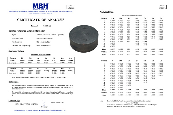 MBH 42XZ1鋅標樣 - 高精度光譜分析標準樣品 MBH 42XZ1鋅標樣 - 高精度光譜分析標準樣品